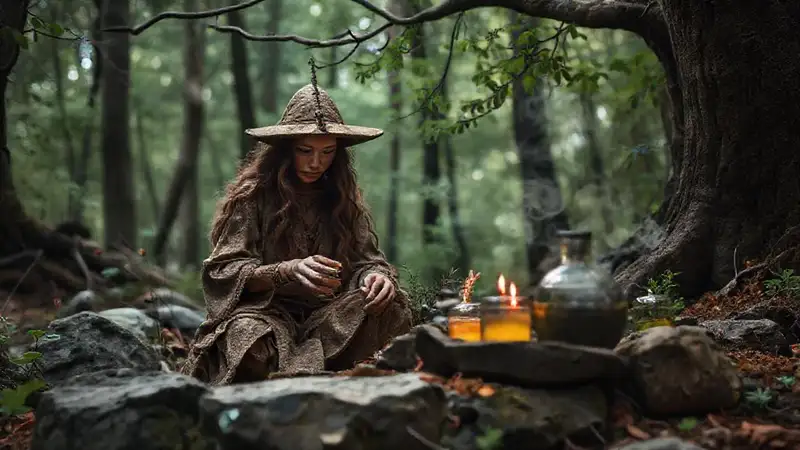 Heres the single-sentence response:Ancient druid crafts mystical potions within forest